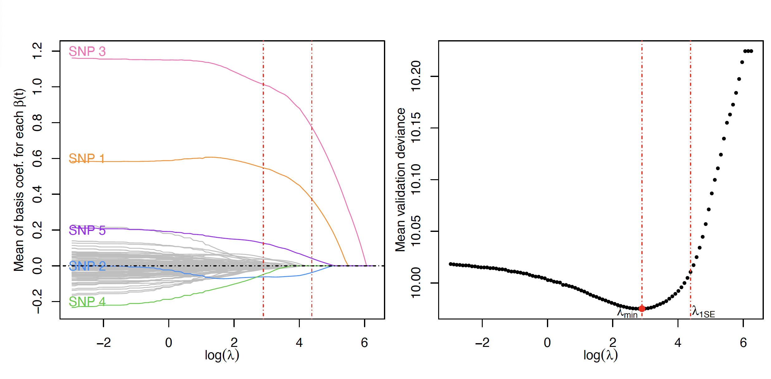 sparseSOMNiBUS tuning parameter path and validation deviance